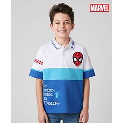 Pine Kids Marvel Single Jersey Knit  Drop Shoulder Half Sleeves Collared T-Shirt with Spider-Man Graphics - White & Blue