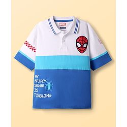 Pine Kids Marvel Single Jersey Knit  Drop Shoulder Half Sleeves Collared T-Shirt with Spider-Man Graphics - White & Blue