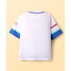Pine Kids Marvel Single Jersey Knit  Drop Shoulder Half Sleeves Collared T-Shirt with Spider-Man Graphics - White & Blue