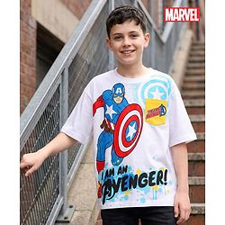 Pine Kids Marvel Single Jersey Knit Half Drop Shoulder Sleeves T-Shirt with Captain America Graphics & Pocket Detailing - White