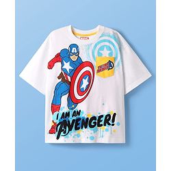 Pine Kids Marvel Single Jersey Knit Half Drop Shoulder Sleeves T-Shirt with Captain America Graphics & Pocket Detailing - White