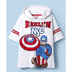 Pine Kids Marvel Single Jersey Knit Drop Shoulder Half Sleeves T-Shirt with Captain America Graphics with Hoodie -White