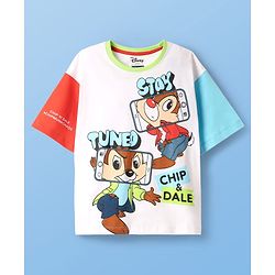 Pine Kids Disney Single Jersey Knit Half Drop Shoulder Sleeves Oversized T-Shirt with Chip n Dale Graphics - White