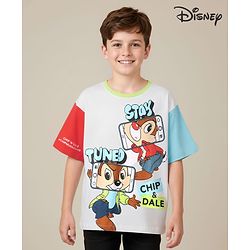 Pine Kids Disney Single Jersey Knit Half Drop Shoulder Sleeves Oversized T-Shirt with Chip n Dale Graphics - White