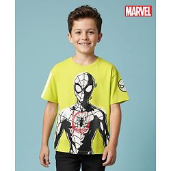 Pine Kids Marvel Terry Knit Half Sleeves Drop Shoulder Cut And Sew T-Shirt With Spider-Man Graphic - Neon Green