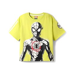 Pine Kids Marvel Terry Knit Half Sleeves Drop Shoulder Cut And Sew T-Shirt With Spider-Man Graphic - Neon Green