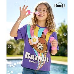 Pine Kids Disney Single Jersey Knit Half Drop Shoulder Sleeves Oversized T-Shirt with Bambi Graphics - Purple