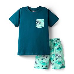 Pine Kids Single Jersey Knit Half Sleeves Night Suit With Tropical Theme Print - Teal Blue
