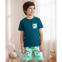 Pine Kids Single Jersey Knit Half Sleeves Night Suit With Tropical Theme Print - Teal Blue
