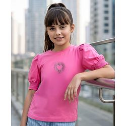 Pine Kids Cotton Knit Half Sleeves Top with Heart Design - Fuchsia