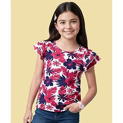 Pine Kids Cotton Knit Half Sleeves Top with Floral Print - Dark Pink