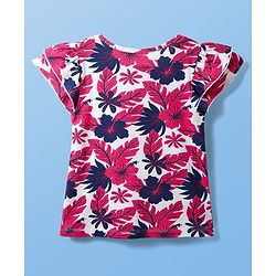 Pine Kids Cotton Knit Half Sleeves Top with Floral Print - Dark Pink
