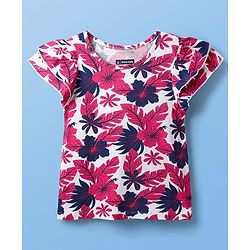 Pine Kids Cotton Knit Half Sleeves Top with Floral Print - Dark Pink