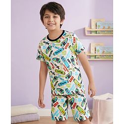 Pine Kids Single Jersey Knit Half Sleeves Shorts Co-Ord Night Suit With Skating Print - Off White