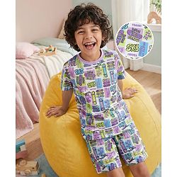 Pine Kids Single Jersey Knit Half Sleeves Co-ords Shorts Night Suit with Skating Print - White