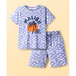 Pine Kids Single Jersey Knit Half Sleeves Short Night Suit With Tropical Theme Print - Blue