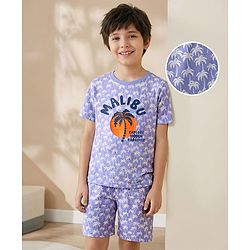 Pine Kids Single Jersey Knit Half Sleeves Short Night Suit With Tropical Theme Print - Blue