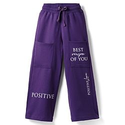 Pine Kids 100% Cotton Full Length Track Pant With Front Pockets & Text Print - Violet