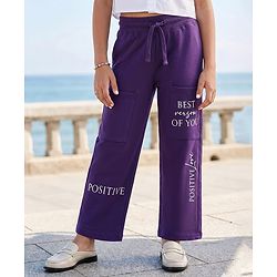 Pine Kids 100% Cotton Full Length Track Pant With Front Pockets & Text Print - Violet