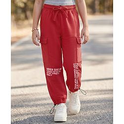 Pine Kids Cotton Knit Full Length Lounge Pant with Typography Print - Red