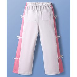 Pine Kids Cotton Knit Full Length Lounge Pant With Cut & Sew Design & Bow Applique - White & Pink