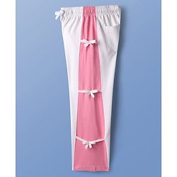 Pine Kids Cotton Knit Full Length Lounge Pant With Cut & Sew Design & Bow Applique - White & Pink