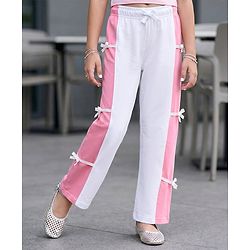 Pine Kids Cotton Knit Full Length Lounge Pant With Cut & Sew Design & Bow Applique - White & Pink
