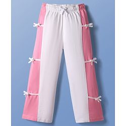 Pine Kids Cotton Knit Full Length Lounge Pant With Cut & Sew Design & Bow Applique - White & Pink