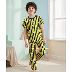 Pine Kids Single Jersey Knit Half Sleeves Co-Ord Night Suit with Stripes - Yellow