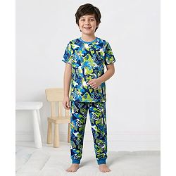 Pine Kids Single Jersey Knit Half Sleeves Co-Ord Night Suit with Im Free Text Print - Green & Blue