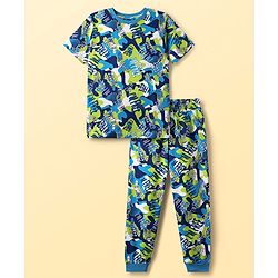 Pine Kids Single Jersey Knit Half Sleeves Co-Ord Night Suit with Im Free Text Print - Green & Blue