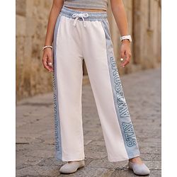 Pine Kids Cotton Knit Full Length Track Pant with Text Print - White