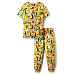 Pine Kids Single Jersey Knit Half Sleeves Co-Ord Night Suit with Boat Print - Yellow