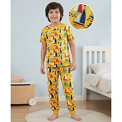 Pine Kids Single Jersey Knit Half Sleeves Co-Ord Night Suit with Boat Print - Yellow