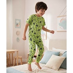 Pine Kids Single Jersey Knit Half Sleeves Co-ords Night Suit With Dino Print - Green