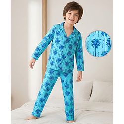 Pine Kids Single Jersey Knit Full Sleeves Co-ords Night suit With Tropical Theme Print - Light Blue