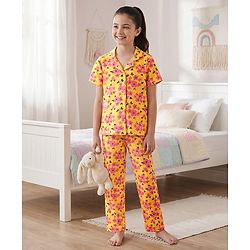 Pine Kids Single Jersey Knit Half Sleeves Co-Ord Night Suit With Floral Print - Gold