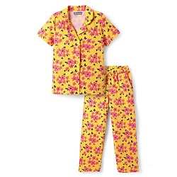 Pine Kids Single Jersey Knit Half Sleeves Co-Ord Night Suit With Floral Print - Gold