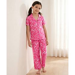Pine Kids Single Jersey Knit Half Sleeves Co-Ord Night Suit With Star Print - Dark Pink
