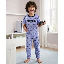 Pine Kids Single Jersey Knit Half Sleeves Co-ords Night Suit with Gaming Theme Print - Light Blue