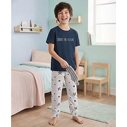 Pine Kids Single Jersey Knit Half Sleeves Night Wear With Text & Star Print - Navy Blue & Grey