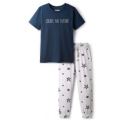 Pine Kids Single Jersey Knit Half Sleeves Night Wear With Text & Star Print - Navy Blue & Grey
