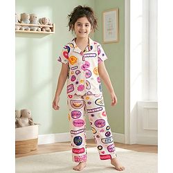 Pine Kids Single Jersey Knit Half Sleeves Co-Ord Night Suit with Whimsical Print - Offwhite & Pink