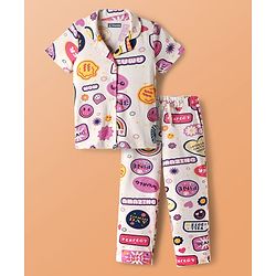 Pine Kids Single Jersey Knit Half Sleeves Co-Ord Night Suit with Whimsical Print - Offwhite & Pink