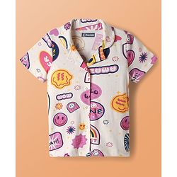 Pine Kids Single Jersey Knit Half Sleeves Co-Ord Night Suit with Whimsical Print - Offwhite & Pink
