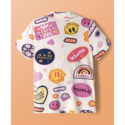 Pine Kids Single Jersey Knit Half Sleeves Co-Ord Night Suit with Whimsical Print - Offwhite & Pink