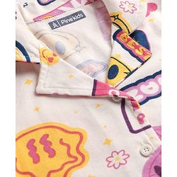 Pine Kids Single Jersey Knit Half Sleeves Co-Ord Night Suit with Whimsical Print - Offwhite & Pink