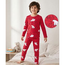 Pine Kids Single Jersey Knit Full Sleeves Co-Ord Night Suit With Polar Bear Print - Red