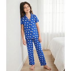 Pine Kids Single Jersey Knit Half Sleeves Co-Ord Night Suit With Floral Print - Blue