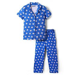 Pine Kids Single Jersey Knit Half Sleeves Co-Ord Night Suit With Floral Print - Blue